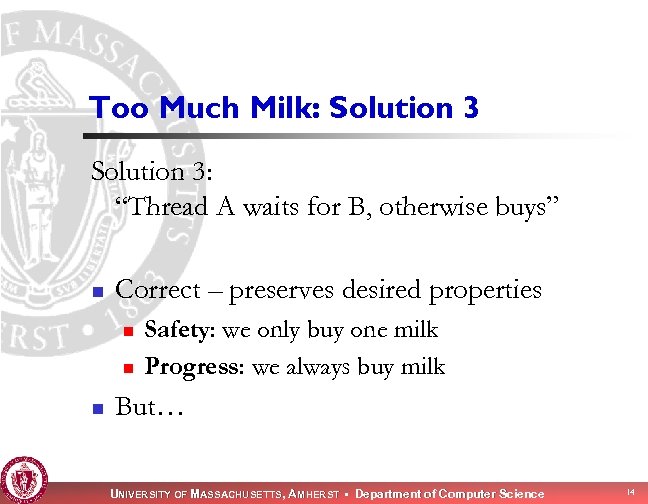 Too Much Milk: Solution 3: “Thread A waits for B, otherwise buys” n Correct