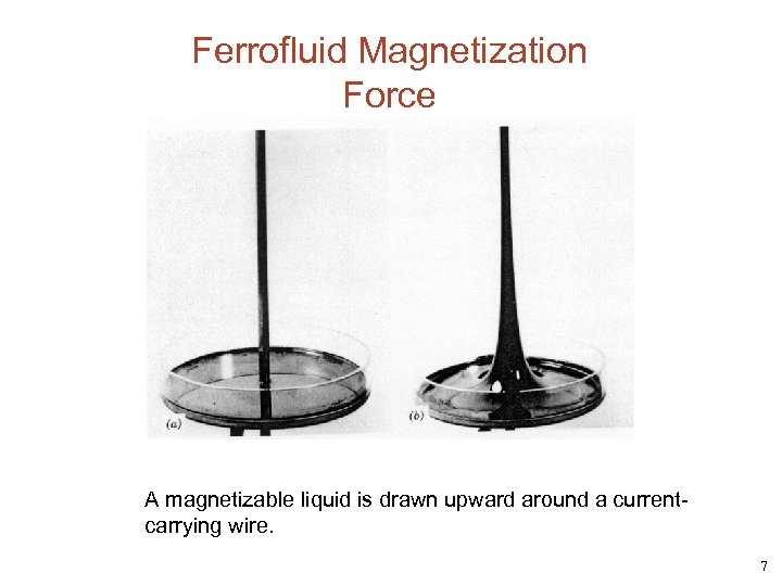 Ferrofluid Magnetization Force A magnetizable liquid is drawn upward around a currentcarrying wire. 7