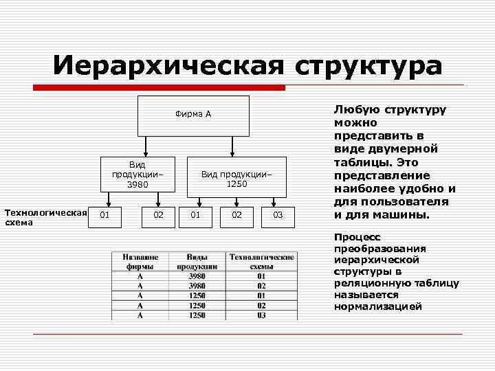 Иерархическая структура Фирма А Вид продукции– 3980 Технологическая схема 01 02 Вид продукции– 1250