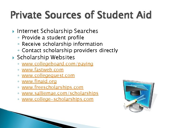 Private Sources of Student Aid Internet Scholarship Searches Scholarship Websites ◦ Provide a student