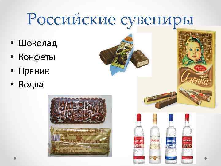 Российские сувениры • • Шоколад Конфеты Пряник Водка 