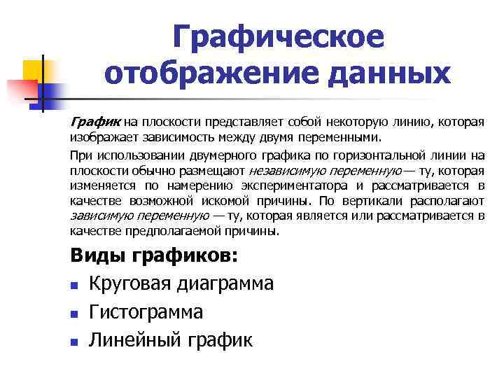 Графическое отображение данных График на плоскости представляет собой некоторую линию, которая изображает зависимость между