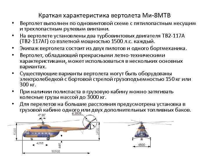 Краткая характеристика вертолета Ми-8 МТВ • Вертолет выполнен по одновинтовой схеме с пятилопастным несущим