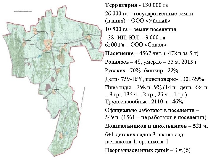 Территория - 130 000 га 26 000 га – государственные земли (пашня) – ООО