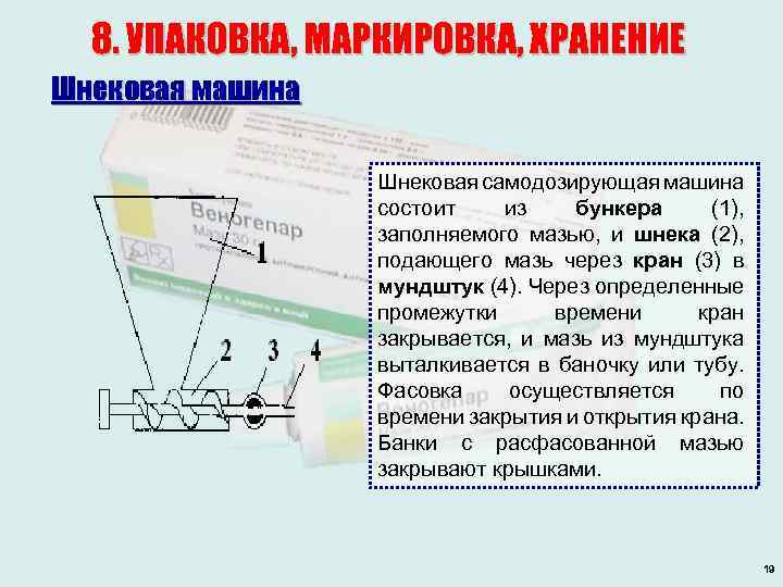 8. УПАКОВКА, МАРКИРОВКА, ХРАНЕНИЕ Шнековая машина Шнековая самодозирующая машина состоит из бункера (1), заполняемого
