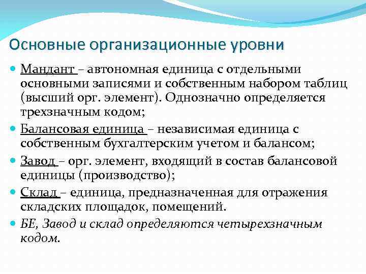 Основные организационные уровни Мандант – автономная единица с отдельными основными записями и собственным набором