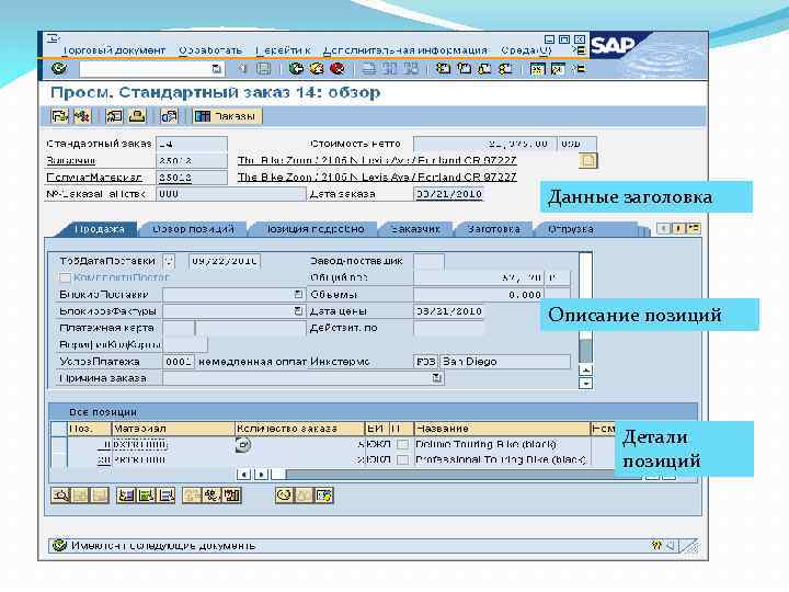 Данные заголовка Описание позиций Детали позиций 