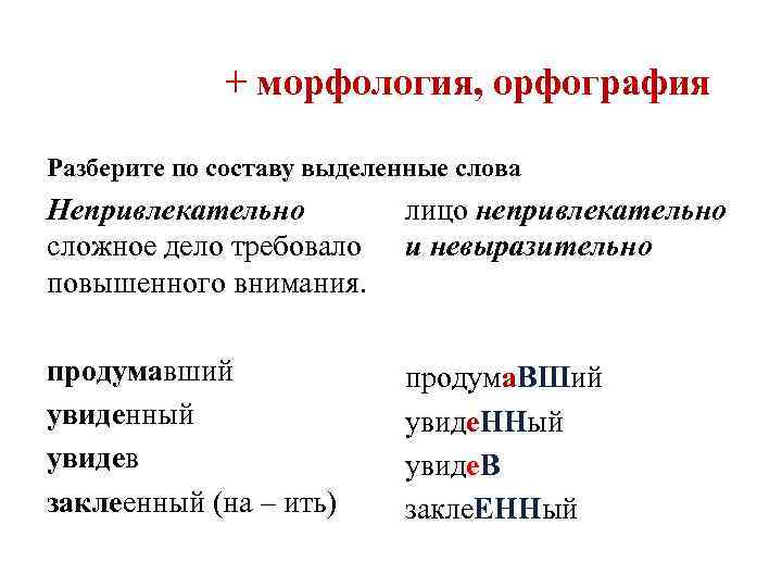 + морфология, орфография Разберите по составу выделенные слова Непривлекательно сложное дело требовало повышенного внимания.