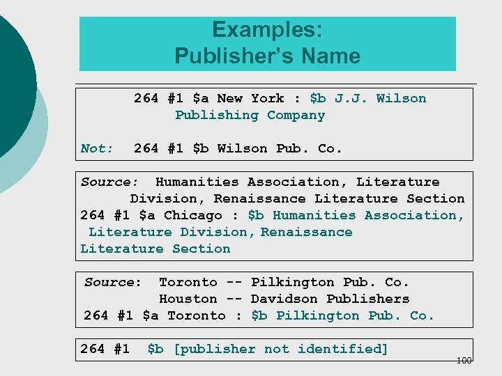 Examples: Publisher’s Name 264 #1 $a New York : $b J. J. Wilson Publishing
