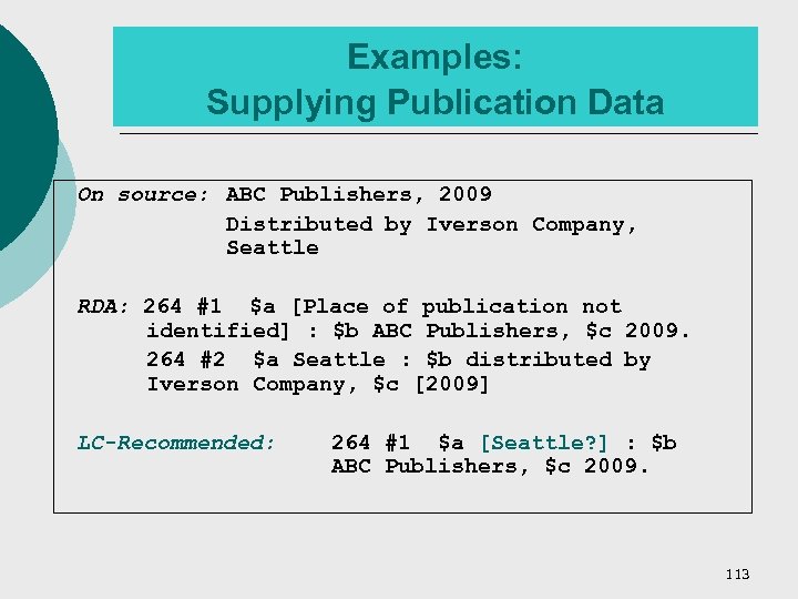 Examples: Supplying Publication Data On source: ABC Publishers, 2009 Distributed by Iverson Company, Seattle