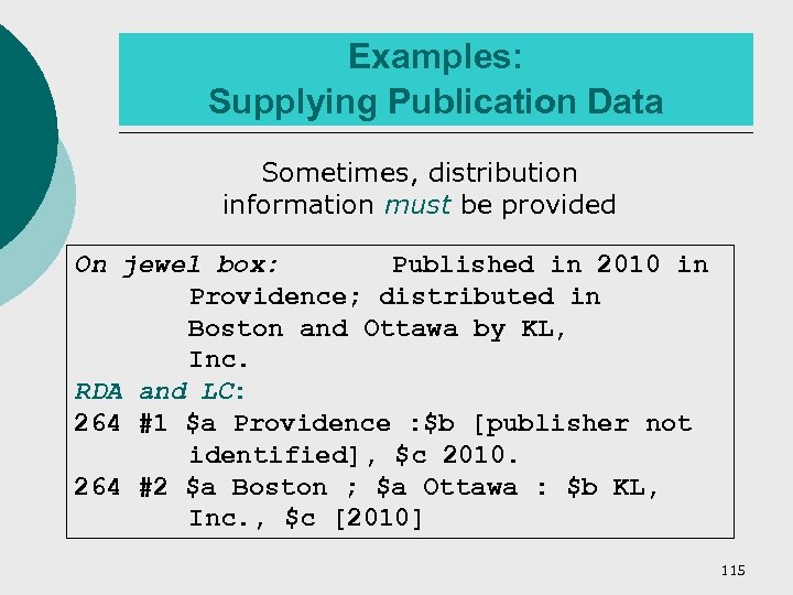 Examples: Supplying Publication Data Sometimes, distribution information must be provided On jewel box: Published