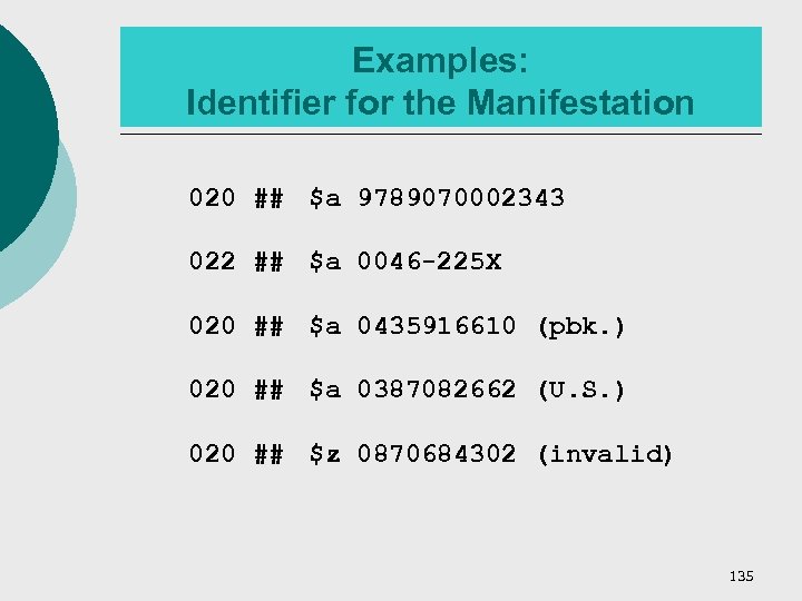 Examples: Identifier for the Manifestation 020 ## $a 9789070002343 022 ## $a 0046 -225