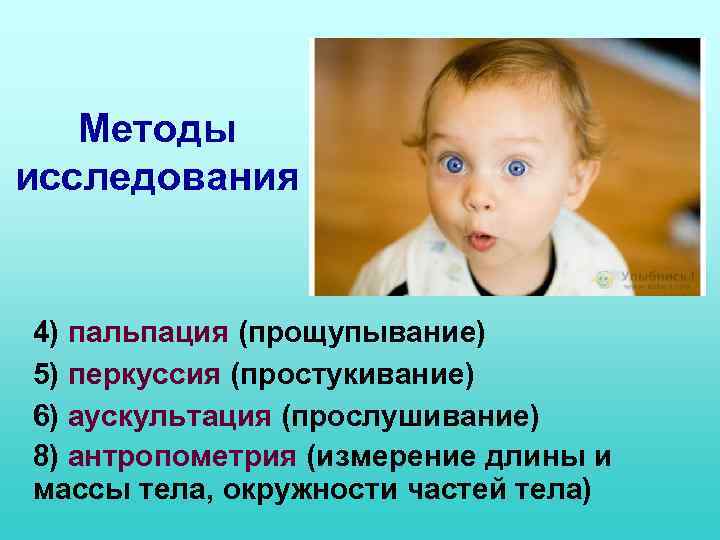 Методы исследования 4) пальпация (прощупывание) 5) перкуссия (простукивание) 6) аускультация (прослушивание) 8) антропометрия (измерение