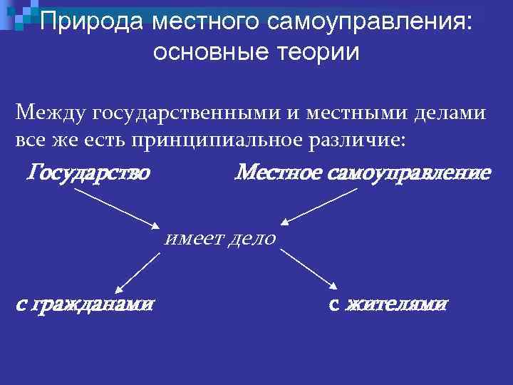 Природа местного самоуправления: основные теории Между государственными и местными делами все же есть принципиальное