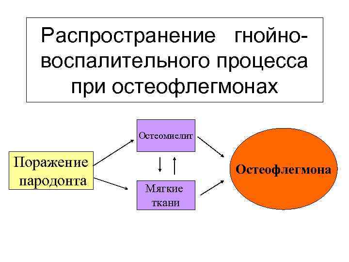 Распространение гнойновоспалительного процесса при остеофлегмонах Остеомиелит Поражение пародонта Остеофлегмона Мягкие ткани 