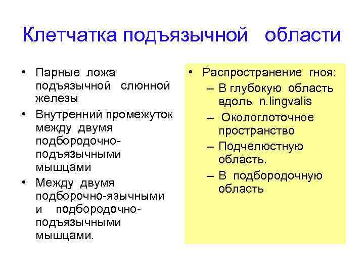 Клетчатка подъязычной области • Парные ложа подъязычной слюнной железы • Внутренний промежуток между двумя