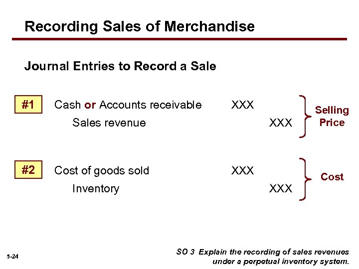 Recording Sales of Merchandise Journal Entries to Record a Sale #1 Cash or Accounts