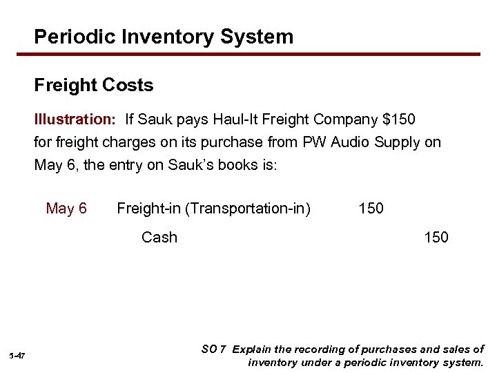 Periodic Inventory System Freight Costs Illustration: If Sauk pays Haul-It Freight Company $150 for