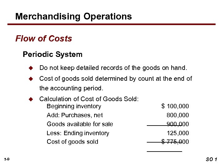 Merchandising Operations Flow of Costs Periodic System u u Cost of goods sold determined