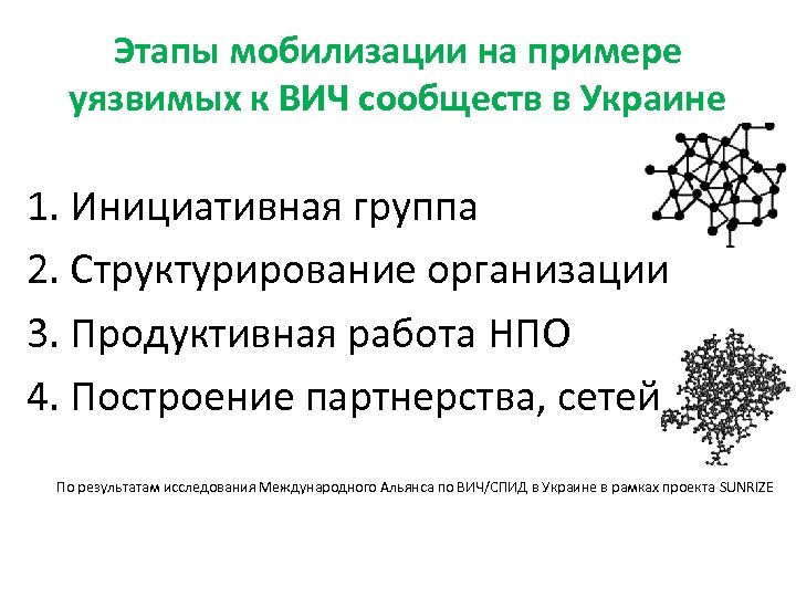 Этапы мобилизации на примере уязвимых к ВИЧ сообществ в Украине 1. Инициативная группа 2.
