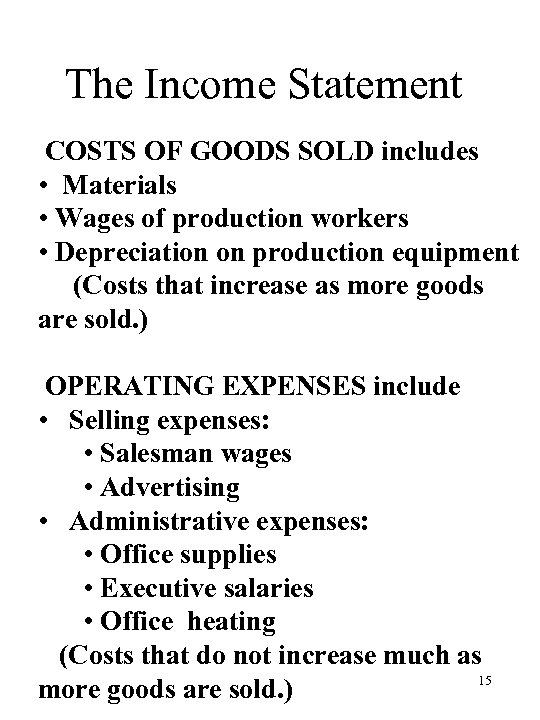 The Income Statement COSTS OF GOODS SOLD includes • Materials • Wages of production