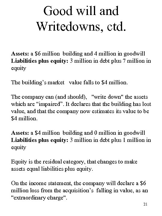 Good will and Writedowns, ctd. Assets: a $6 million building and 4 million in