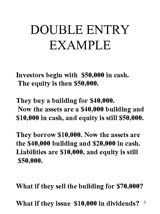 DOUBLE ENTRY EXAMPLE Investors begin with $50, 000 in cash. The equity is then