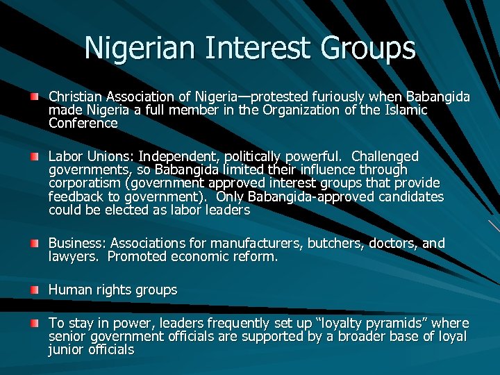 Nigerian Interest Groups Christian Association of Nigeria—protested furiously when Babangida made Nigeria a full