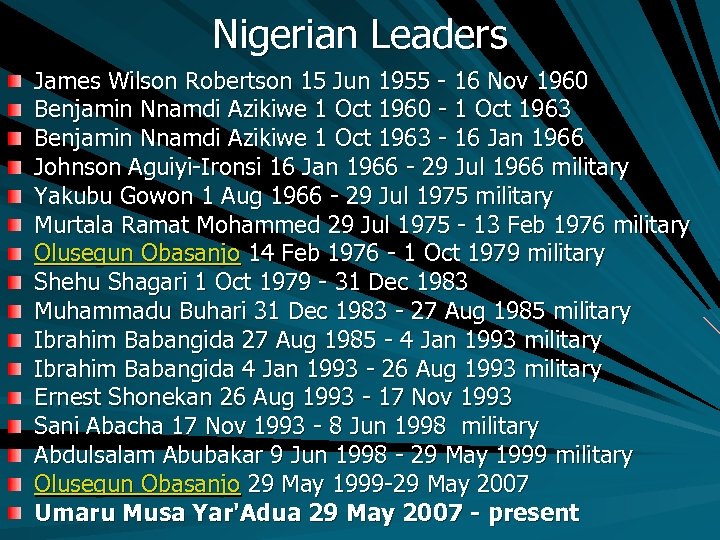 Nigerian Leaders James Wilson Robertson 15 Jun 1955 - 16 Nov 1960 Benjamin Nnamdi