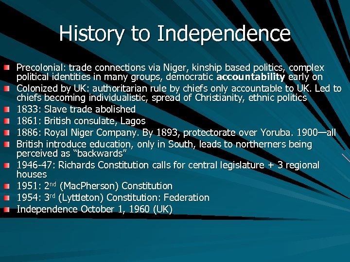 History to Independence Precolonial: trade connections via Niger, kinship based politics, complex political identities
