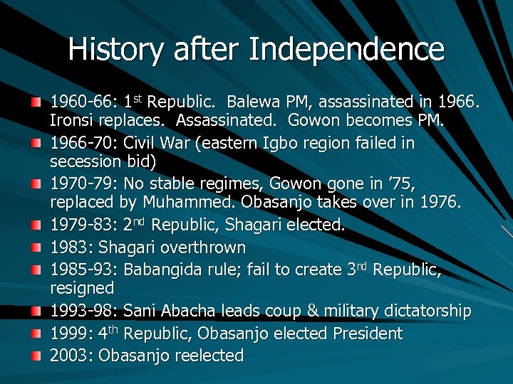 History after Independence 1960 -66: 1 st Republic. Balewa PM, assassinated in 1966. Ironsi