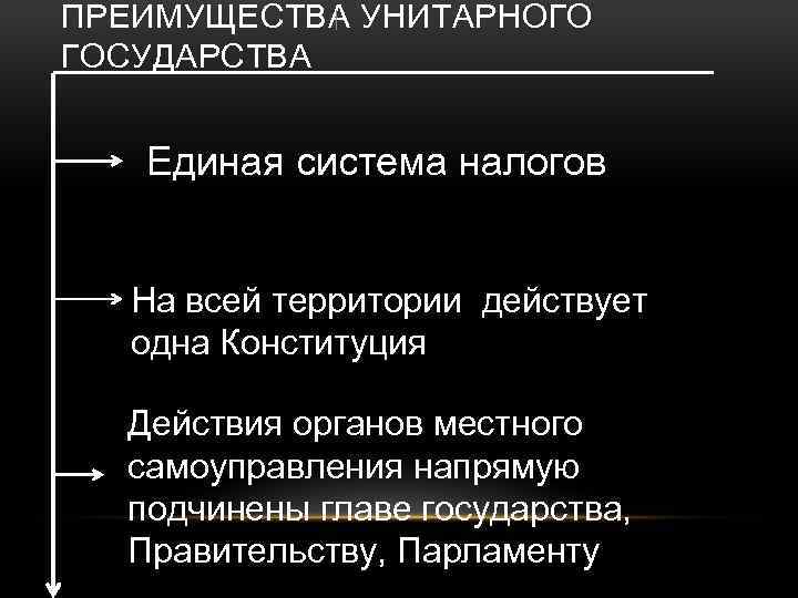 ПРЕИМУЩЕСТВА УНИТАРНОГО ГОСУДАРСТВА Единая система налогов На всей территории действует одна Конституция Действия органов