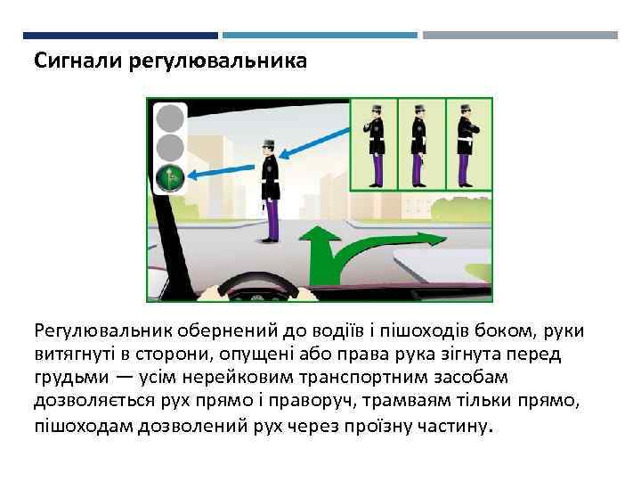 Сигнали регулювальника Регулювальник обернений до водіїв і пішоходів боком, руки витягнуті в сторони, опущені