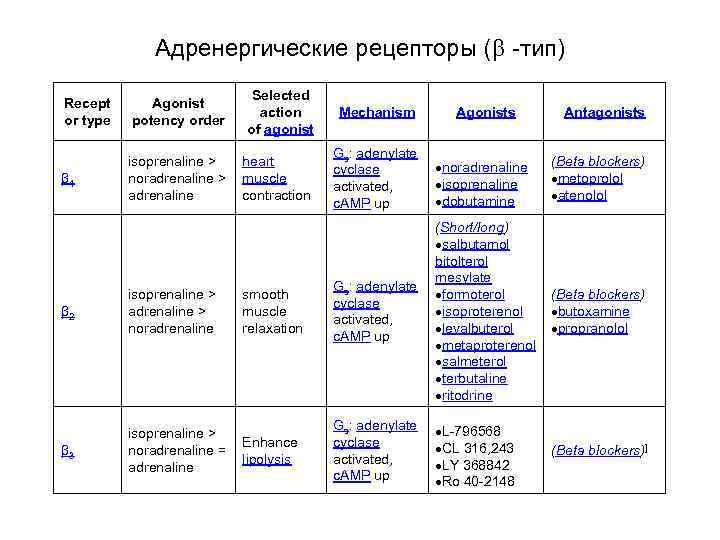 Адренергические рецепторы ( -тип) Selected action of agonist Recept or type Agonist potency order