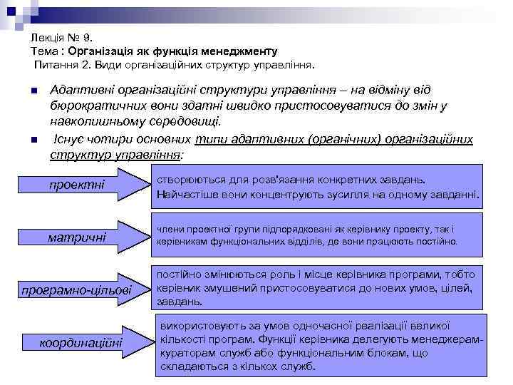Лекція № 9. Тема : Організація як функція менеджменту Питання 2. Види організаційних структур