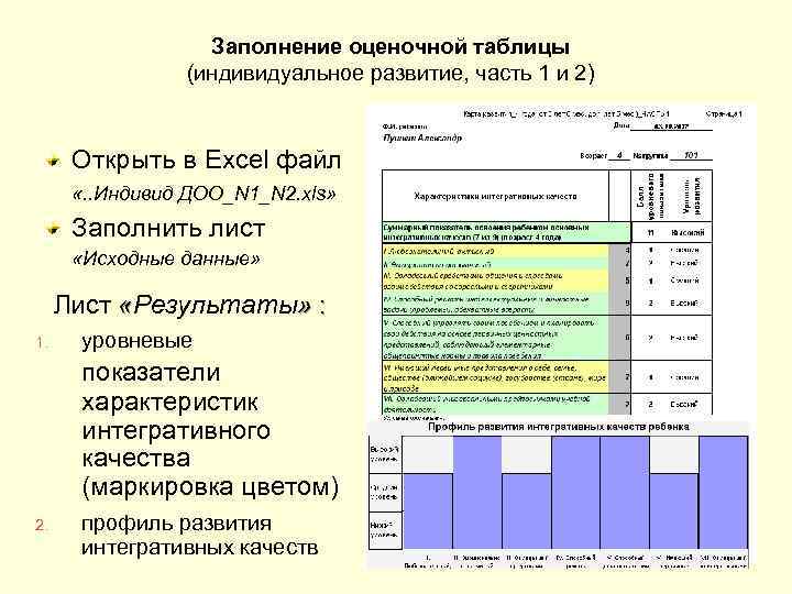 Заполнение оценочной таблицы (индивидуальное развитие, часть 1 и 2) Открыть в Excel файл «.