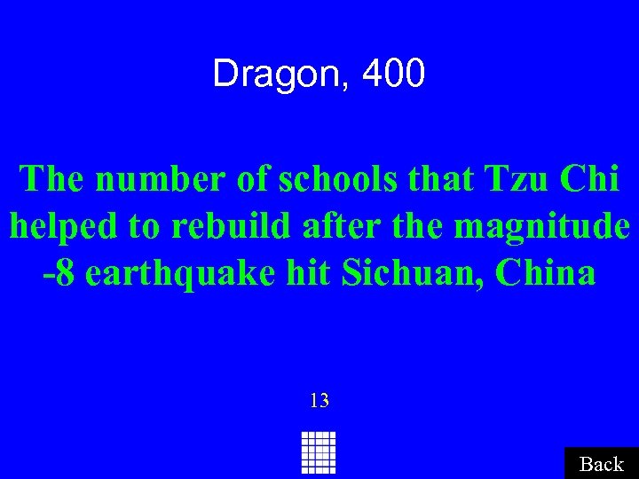 Dragon, 400 The number of schools that Tzu Chi helped to rebuild after the