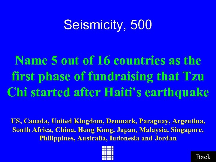 Seismicity, 500 Name 5 out of 16 countries as the first phase of fundraising