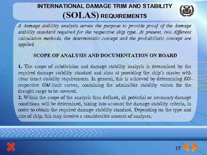 INTERNATIONAL DAMAGE TRIM AND STABILITY (SOLAS) REQUIREMENTS A damage stability analysis serves the purpose
