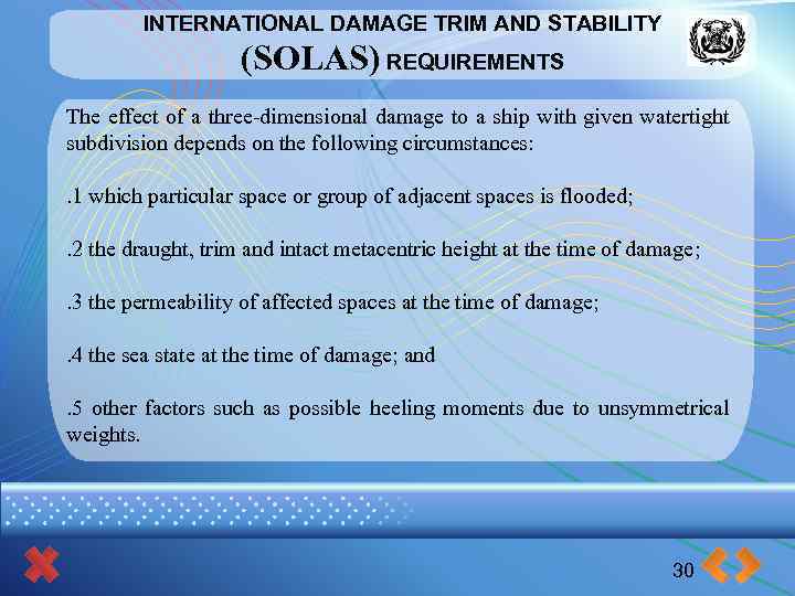 INTERNATIONAL DAMAGE TRIM AND STABILITY (SOLAS) REQUIREMENTS The effect of a three-dimensional damage to
