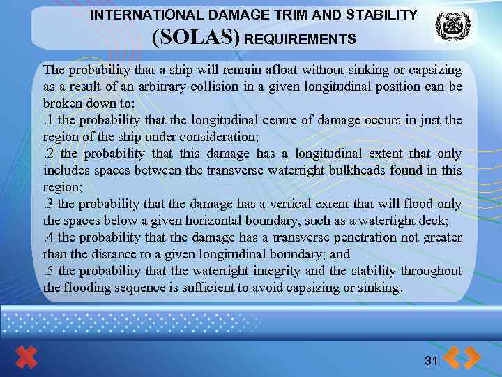 INTERNATIONAL DAMAGE TRIM AND STABILITY (SOLAS) REQUIREMENTS The probability that a ship will remain