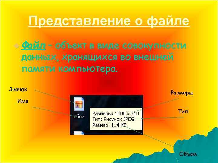 Представление о файле u Файл – объект в виде совокупности данных, хранящихся во внешней