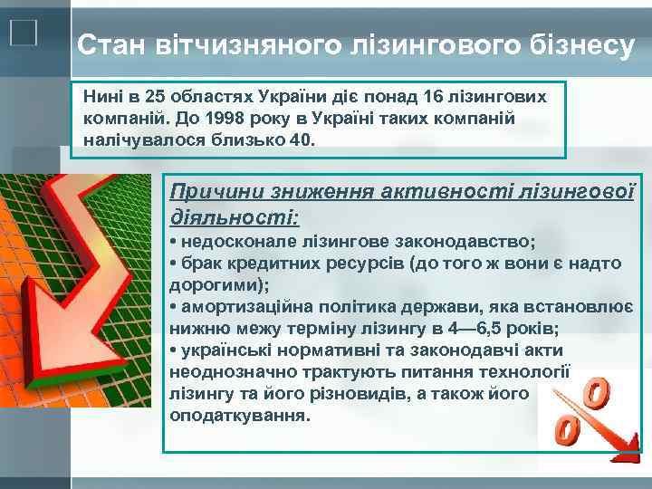 Стан вітчизняного лізингового бізнесу Нині в 25 областях України діє понад 16 лізингових компаній.