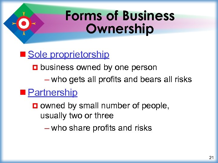 Forms of Business Ownership ¾ Sole proprietorship ¤ business owned by one person –