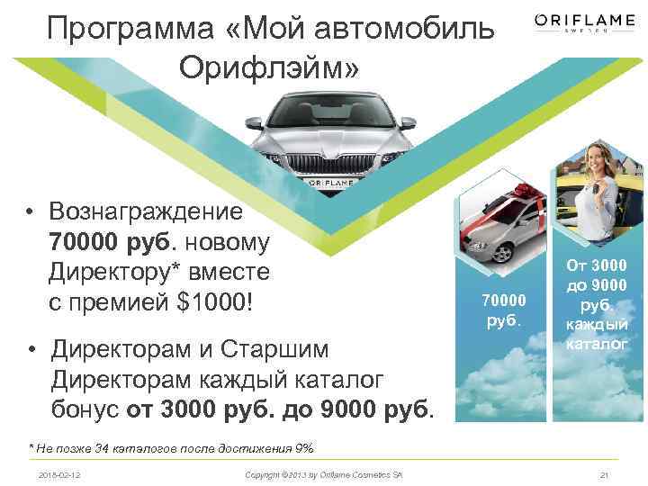 Программа «Мой автомобиль Орифлэйм» • Вознаграждение 70000 руб. новому Директору* вместе с премией $1000!