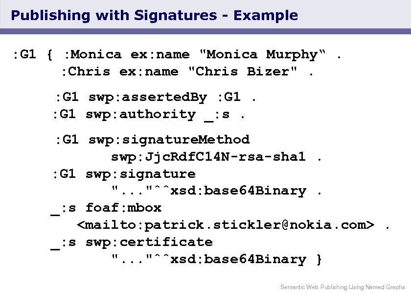 Publishing with Signatures - Example : G 1 { : Monica ex: name "Monica