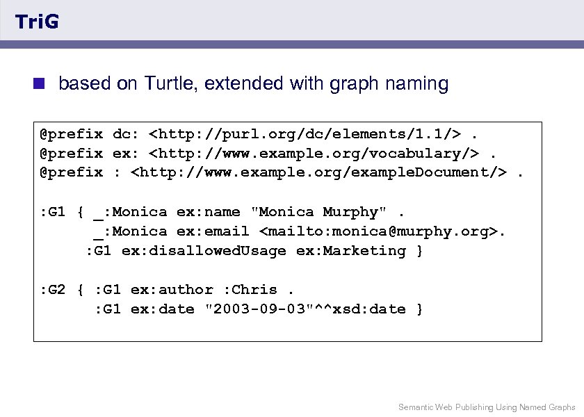 Tri. G < based on Turtle, extended with graph naming @prefix dc: <http: //purl.