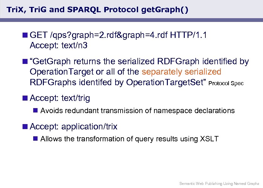 Tri. X, Tri. G and SPARQL Protocol get. Graph() <GET /qps? graph=2. rdf&graph=4. rdf