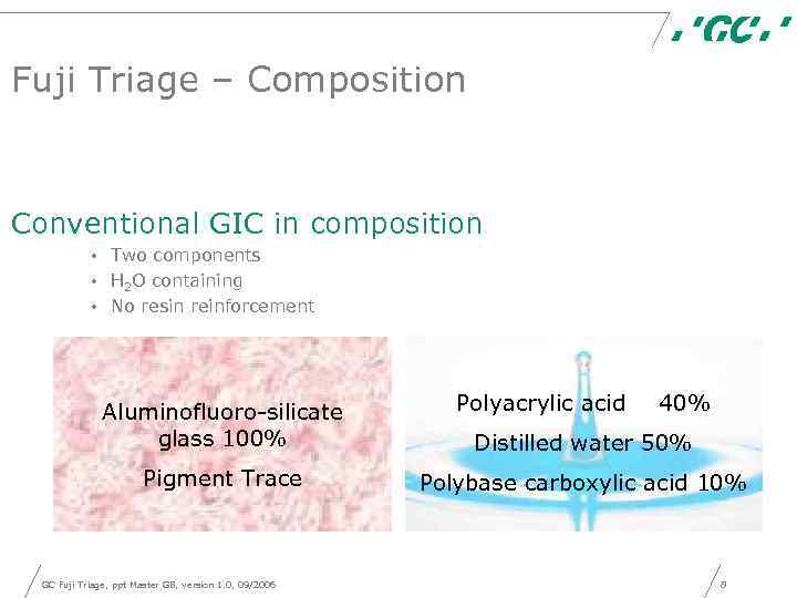 Fuji Triage – Composition Conventional GIC in composition • Two components • H 2