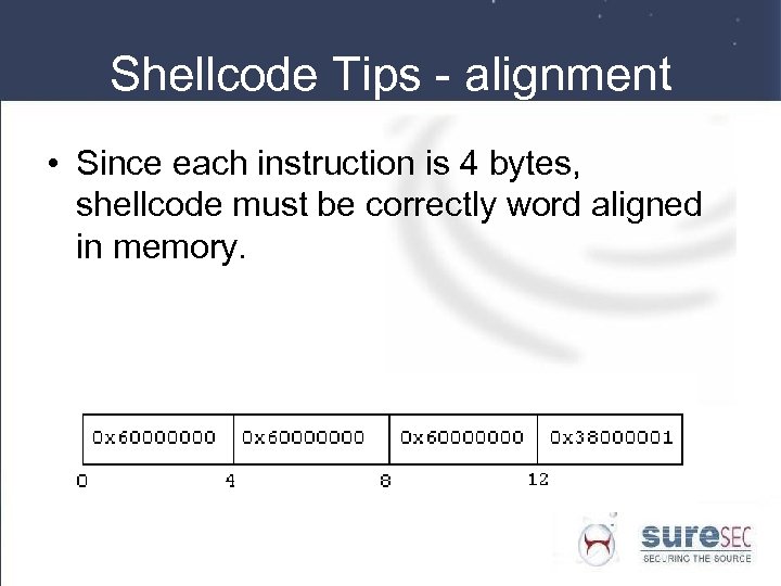 Shellcode Tips - alignment • Since each instruction is 4 bytes, shellcode must be